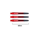 Three red and black Vecta Blade 6 dart shafts side by side with 40mm measurement scale, polycarbonate body, aluminum tips