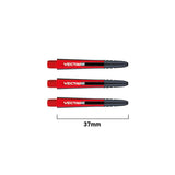 Set of three red and black Vecta Blade 6 dart shafts, 37mm length, top-down view with size reference, ideal for customizing darts