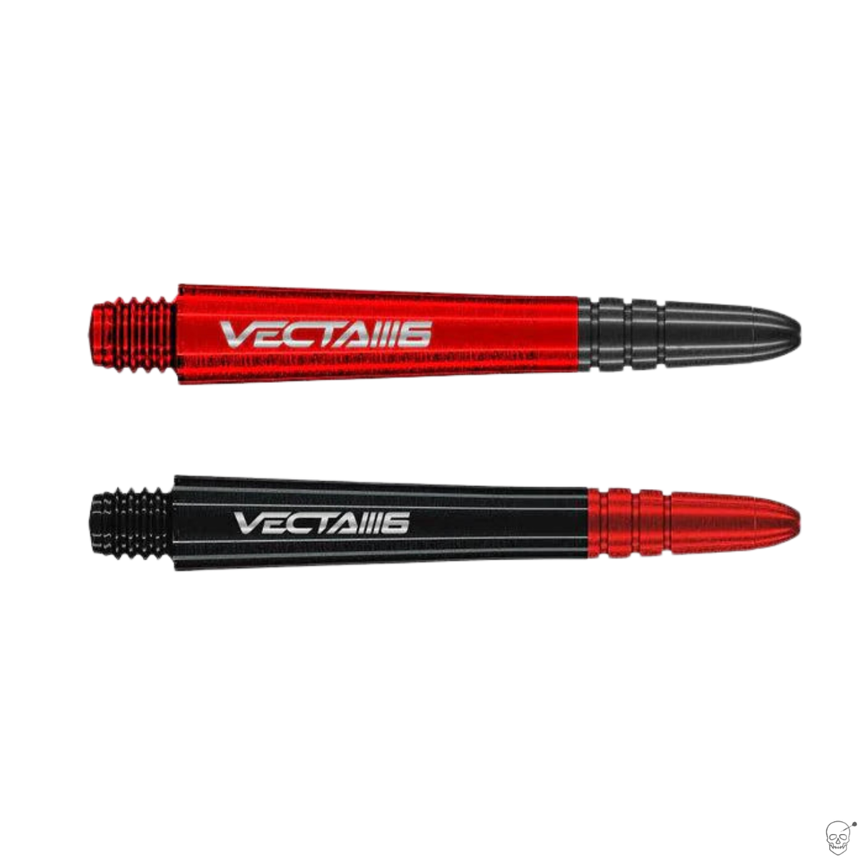 Red and black Vecta Blade 6 dart shafts side by side, isolated on white, highlighting composite polycarbonate and aluminum design
