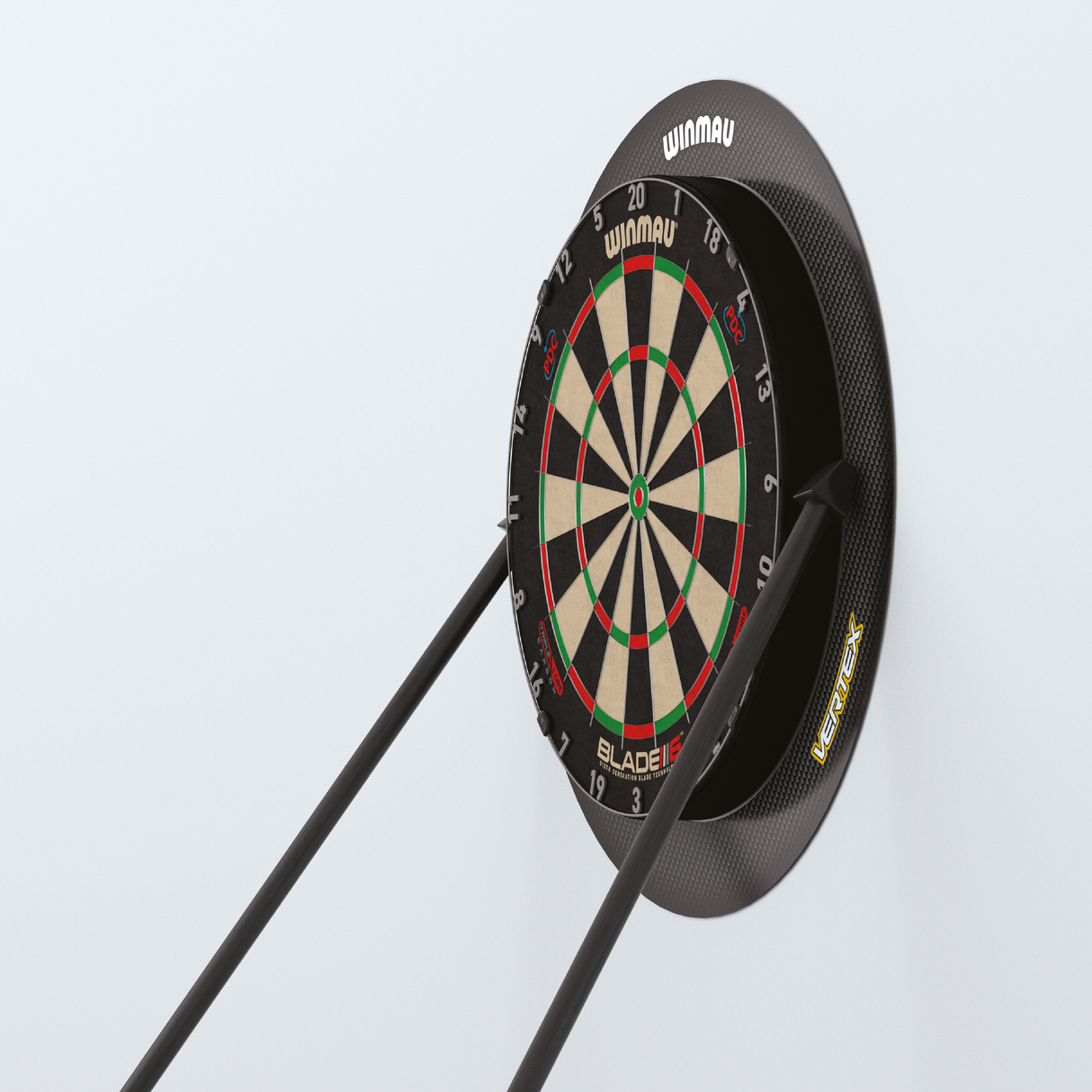 Angled view of dartboard stand with stable twin-leg support, dartboard mounted for secure home practice setup
