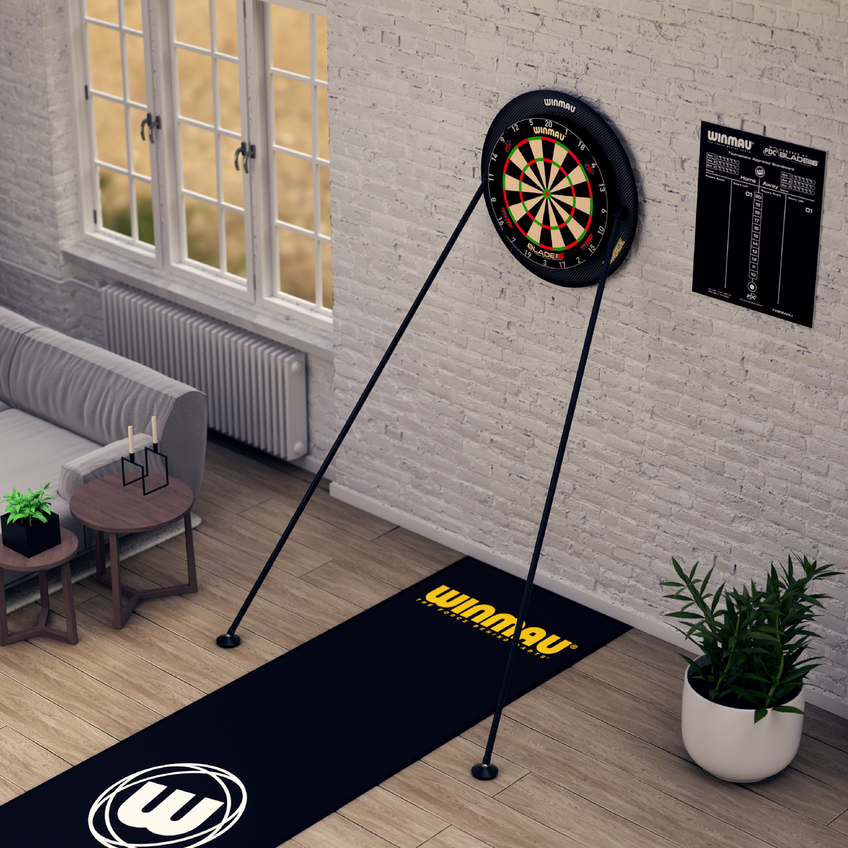 Twin-leg dartboard stand set up in a modern living room, showing sturdy angled support and full product display for home darts setup