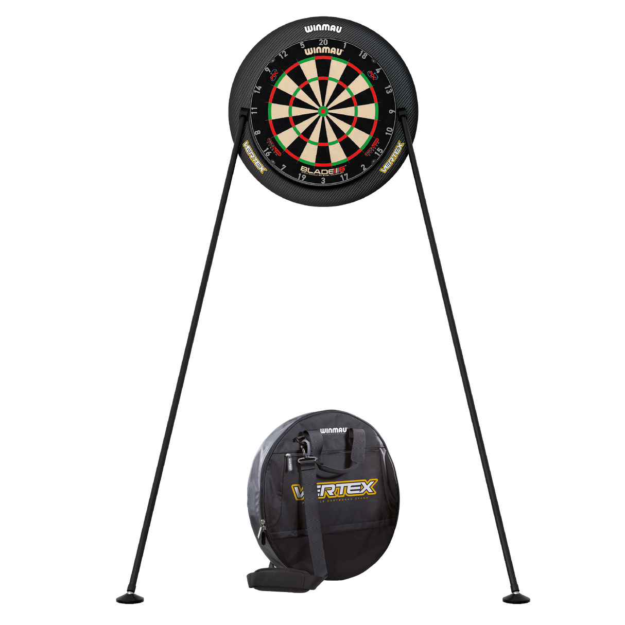 Vertex dartboard stand fully assembled with twin-leg support and included carrying case shown underneath on white background