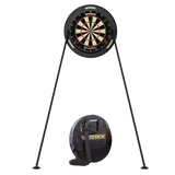 Vertex dartboard stand fully assembled with twin-leg support and included carrying case shown underneath on white background