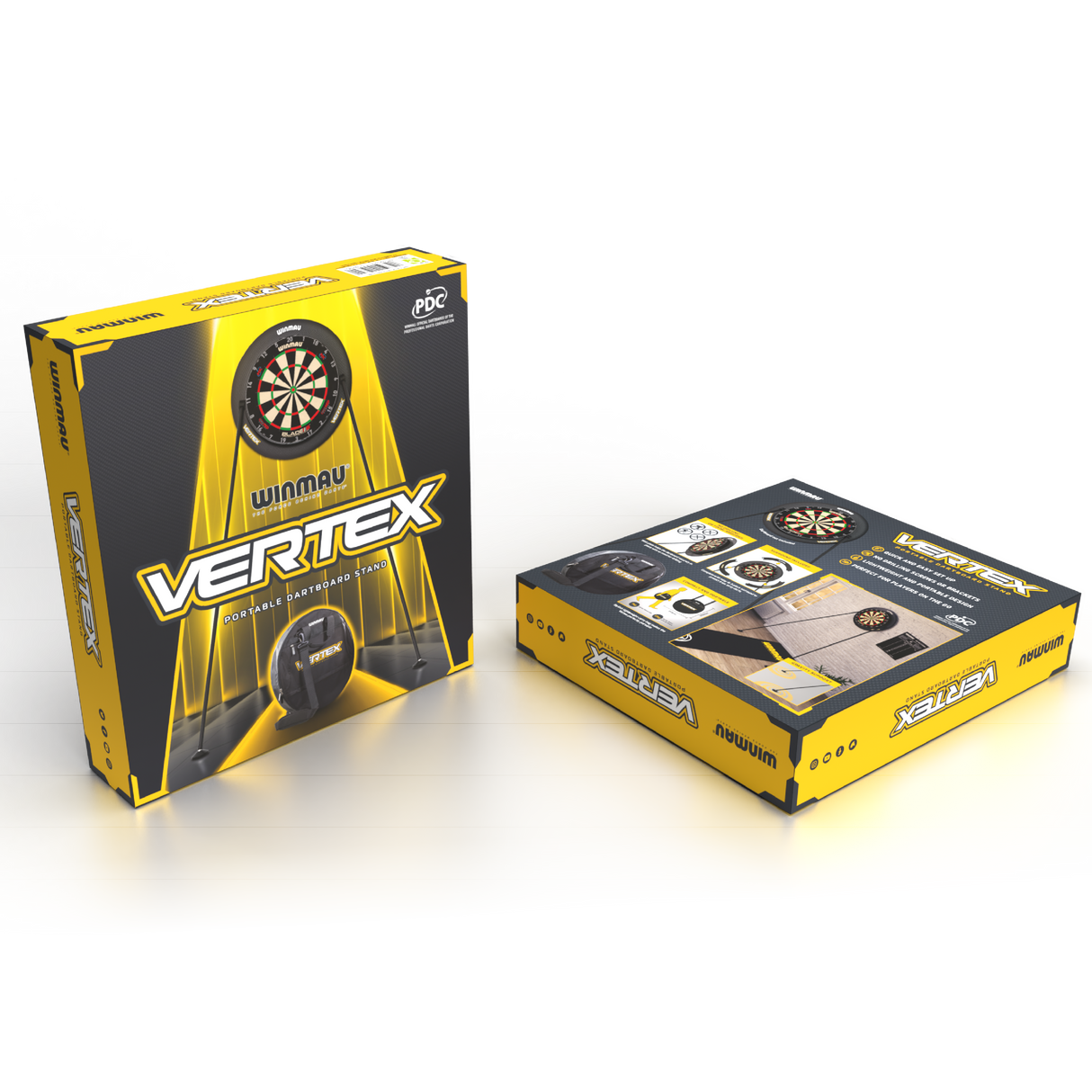 Vertex Dartboard Stand boxes shown at angle with front and back packaging, highlighting portable dart equipment features