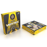Vertex Dartboard Stand boxes shown at angle with front and back packaging, highlighting portable dart equipment features