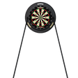 Full view of dartboard on sturdy twin-leg stand, straight-on angle, isolated background, showing stable frame and target segments for darts