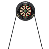 Full view of dartboard on sturdy twin-leg stand, straight-on angle, isolated background, showing stable frame and target segments for darts