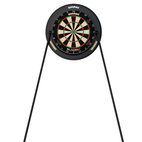 Full view of dartboard on sturdy twin-leg stand, straight-on angle, isolated background, showing stable frame and target segments for darts