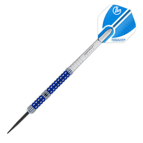 Full view tungsten dart with blue ringed grip barrel, silver point, and custom blue flight, isolated on white background