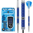 Vincent Van Der Voort 90% tungsten darts in retail packaging, close-up of blue ringed grip barrel, full dart with flight.