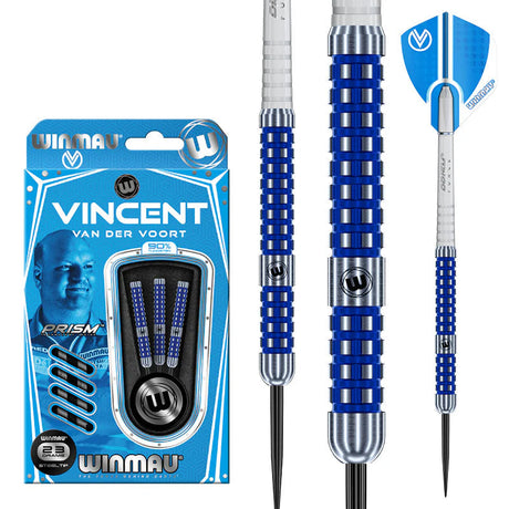 Vincent Van Der Voort 90% tungsten darts in retail packaging, close-up of blue ringed grip barrel, full dart with flight.
