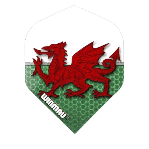 Close-up of Wales Mega Standard dart flight with red Welsh dragon design, green hexagon texture, isolated on white background