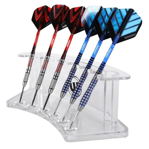 Clear acrylic darts stand displaying six steel tip darts with red and blue flights, isolated on white, showing dart grip and flight design