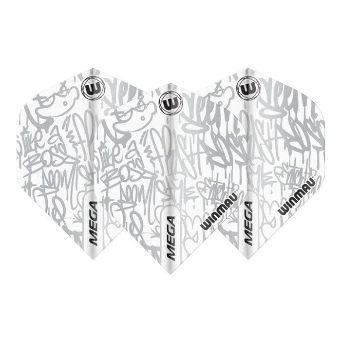Three white mega standard dart flights with silver graffiti print, displayed side by side on a white background