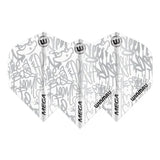 Three white mega standard dart flights with silver graffiti print, displayed side by side on a white background