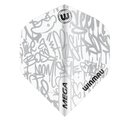 White mega standard dart flight with silver graffiti pattern, isolated on white background, highlighting 75 micron thickness