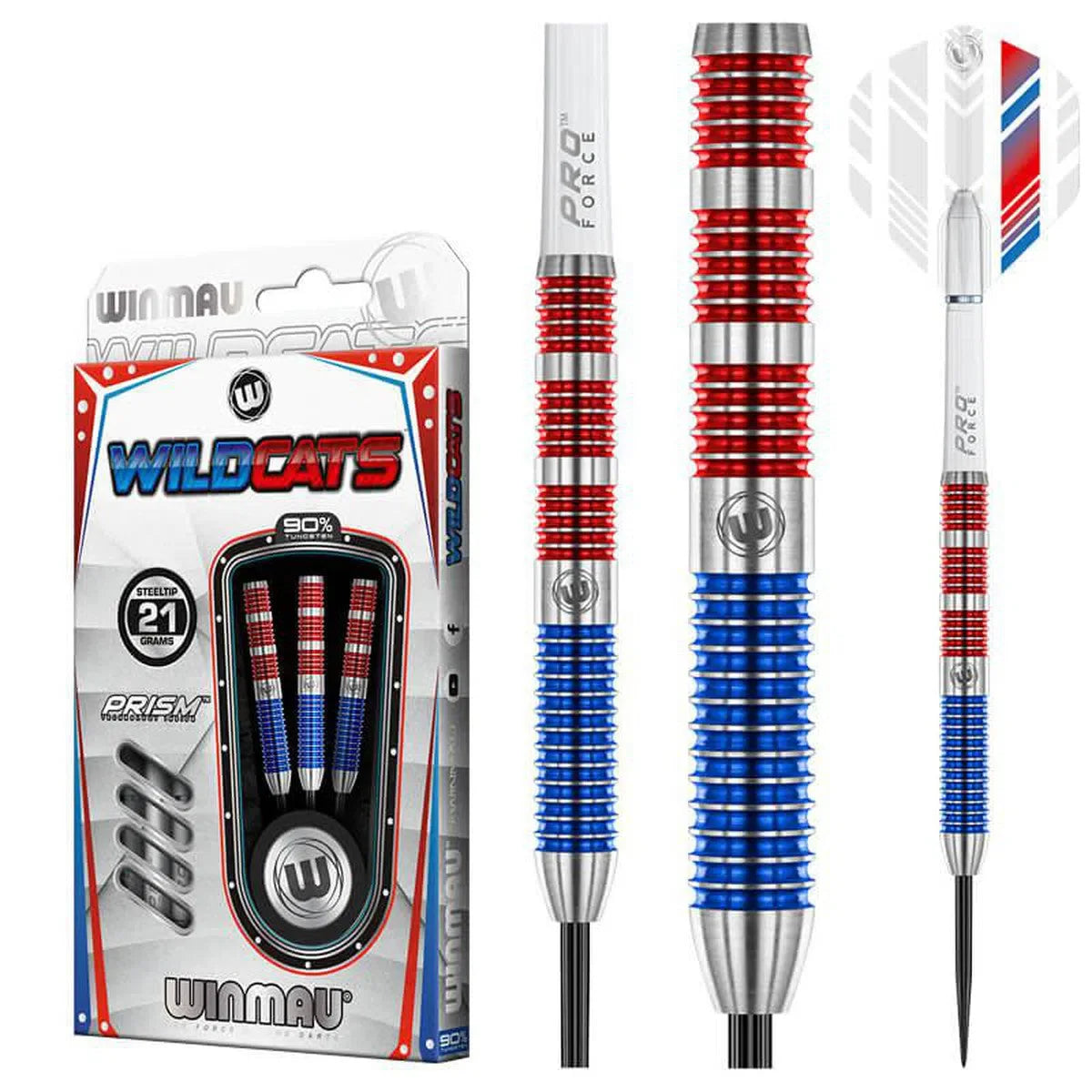Steel tip tungsten darts set with red and blue grooved barrels, detailed grip texture, in packaging and close-up views