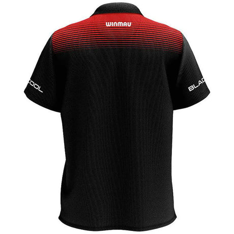back view of Wincool 4 darts shirt, black with red accents, moisture wicking polo for darts players