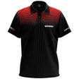 Black and red darts shirt front view on white background, moisture wicking polo with athletic fit for dart players
