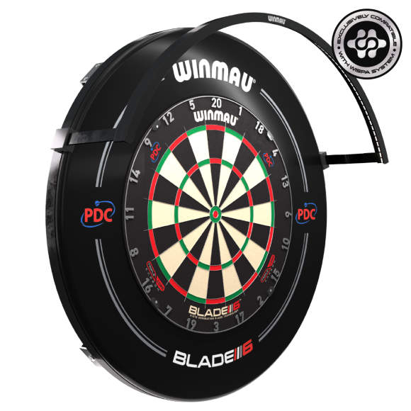 Angled view of Wispa dartboard light installed above dartboard, showing light arc and fixture for optimal board illumination