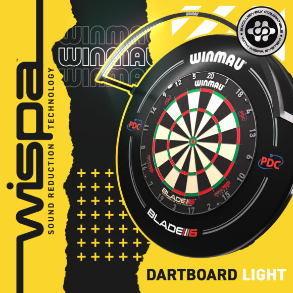 Angled view of dartboard light ring fitted on dartboard, highlighting illumination and sound reduction for dart setup