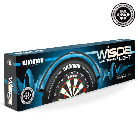 Angled view of Wispa Dartboard Light retail box showing full product packaging and dartboard illumination feature