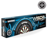 Angled view of Wispa Dartboard Light retail box showing full product packaging and dartboard illumination feature