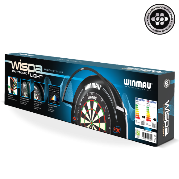 Angled view of Wispa Dartboard Light box with dartboard lighting features, energy label, and key specifications visible on packaging.