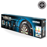 Angled view of Wispa Dartboard Light box with dartboard lighting features, energy label, and key specifications visible on packaging.
