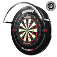 Angled view of dartboard light mounted on dartboard, isolated on white, showcasing full illumination for dart players