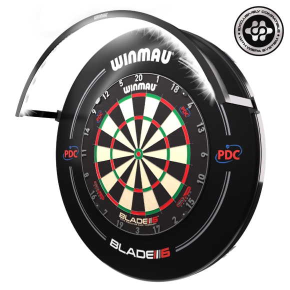 Angled view of dartboard light mounted on dartboard, isolated on white, showcasing full illumination for dart players