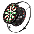 Exploded view of dartboard with sound reduction ring system and mounting components, angled perspective for dartboard setup