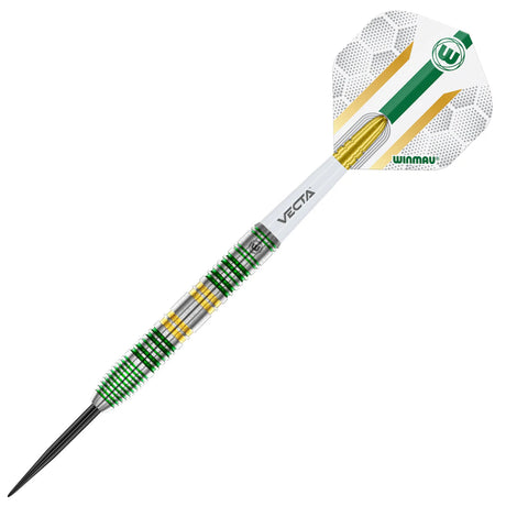 Single 90% tungsten dart full view on white, showcasing precision barrel grip, green and gold rings, detailed Vecta flight