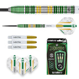 Xenon 90% tungsten darts set with green-gold barrel grips, spare shafts, flights, and retail packaging on white background