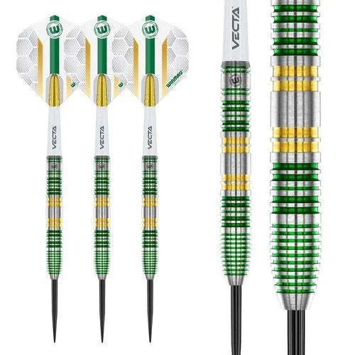Three 90% tungsten darts displayed on white background with green-gold ringed grips and one macro close-up highlighting textured barrel