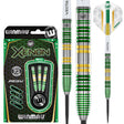 Steel tip tungsten darts set in retail packaging alongside isolated barrel close-ups highlighting green and gold grip rings and precision design