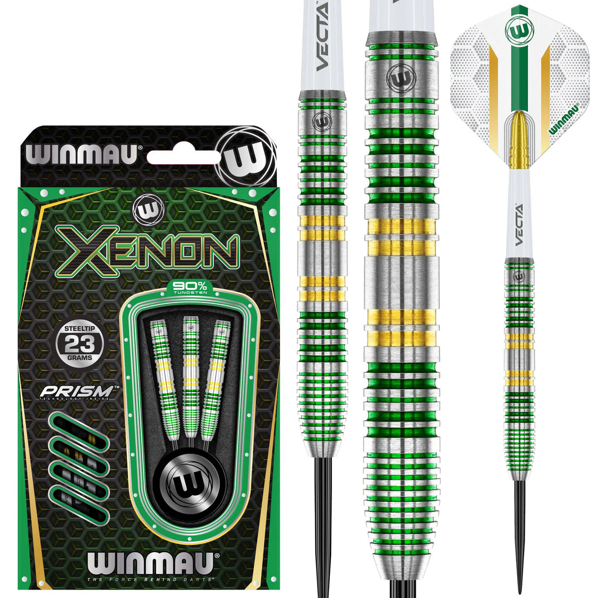 Steel tip tungsten darts set in retail packaging alongside isolated barrel close-ups highlighting green and gold grip rings and precision design