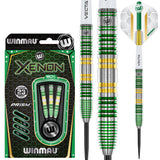 Steel tip tungsten darts set in retail packaging alongside isolated barrel close-ups highlighting green and gold grip rings and precision design