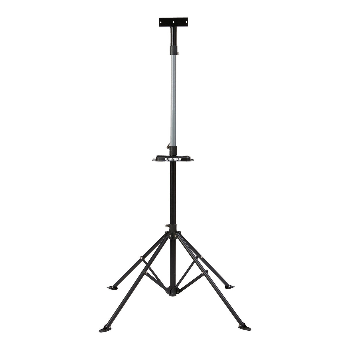 Adjustable dartboard stand with tripod base and telescopic pole fully extended on white background
