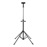 Adjustable dartboard stand with tripod base and telescopic pole fully extended on white background