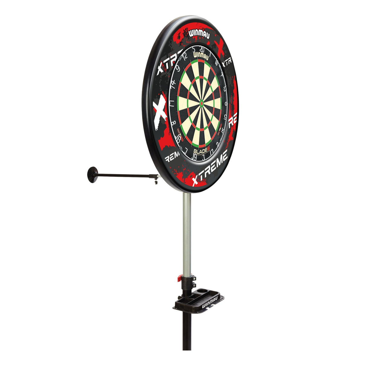 Adjustable dartboard floor stand with oche arm and mounted dartboard, angled view, isolated on white background