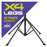 Angled view of dartboard stand base showing four metal legs for stability, ideal for portable darts setup