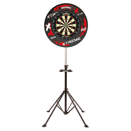 Freestanding dartboard on adjustable tripod stand, full front view, isolated on white, ideal for portable darts setup