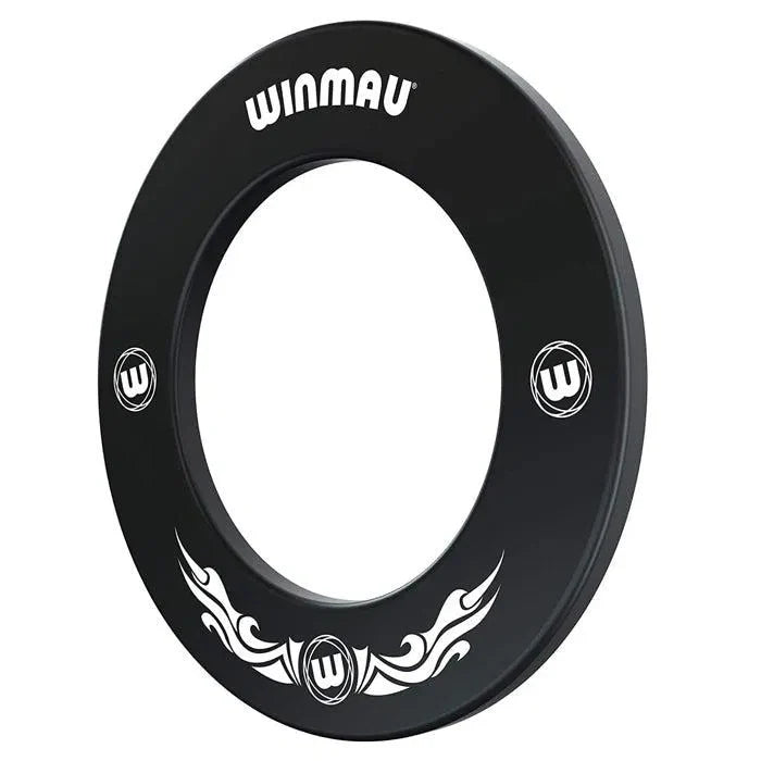 Angled full view of black dartboard surround with white logo and tribal graphics, isolated on white background for dartboard protection