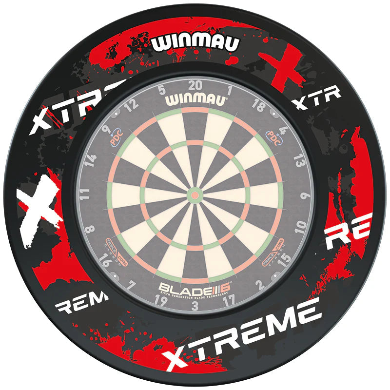 Top-down view of dartboard fitted with red and black Xtreme surround ring, showing snug protective fit for dart games