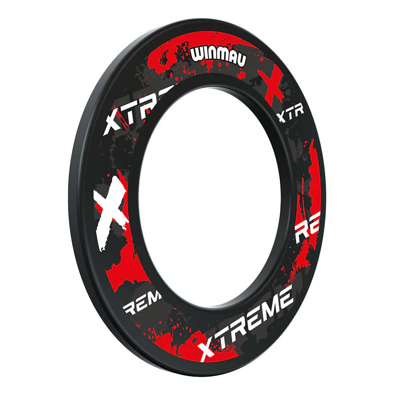 Angled view of red and black Xtreme dartboard surround ring, full product isolated on white background