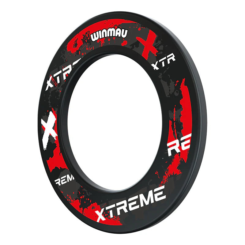 Full view of red and black Xtreme dartboard surround ring isolated on white, showing bold protective design for darts setup