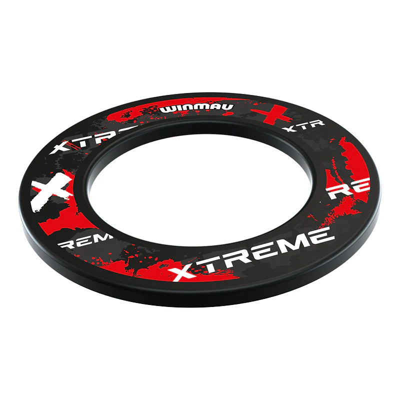 Angled view of Xtreme Red dartboard surround ring with bold red and black graphics isolated on white background