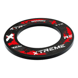 Angled view of Xtreme Red dartboard surround ring with bold red and black graphics isolated on white background