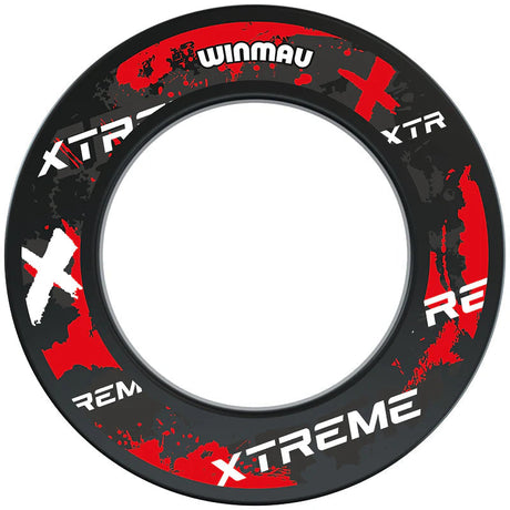 Top-down full view of red and black dartboard surround ring with Xtreme graphics, isolated on white for dartboard protection